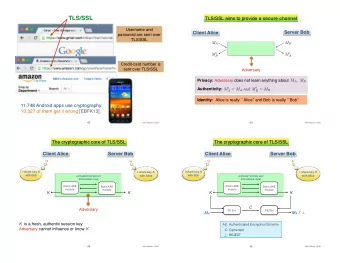 TLS/SSL TLS/SSL aims to provide a secure channel  Username and  Server Bob  Client Alice  password