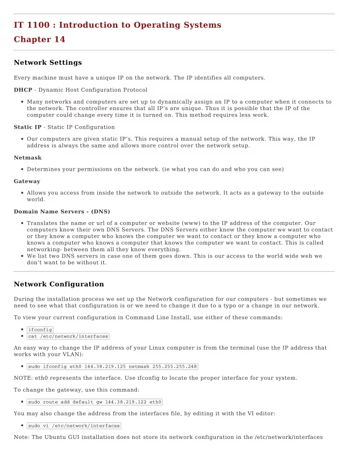it 1100 introduction to operating systems chapter 14