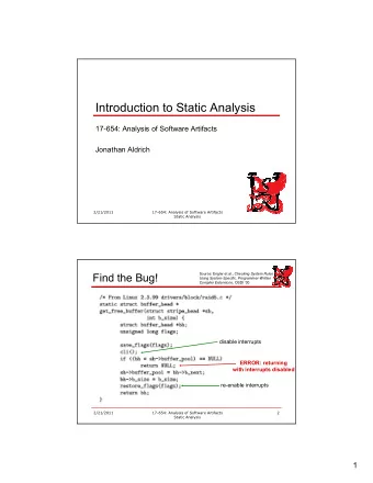 Introduction to Static Analysis  17654: Analysis of Software Artifacts  Jonathan Aldrich