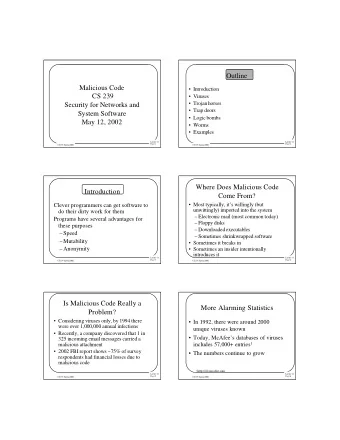 Outline  Malicious Code   Introduction  CS 239   Viruses   Trojan horses  Security for