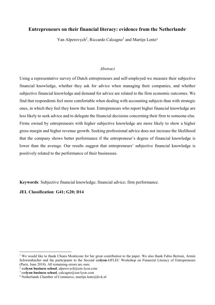 entrepreneurs on their financial literacy evidence from
