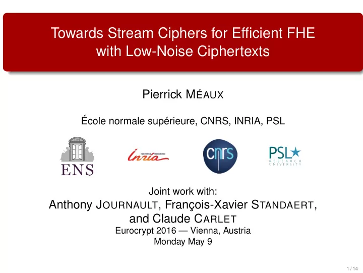 towards stream ciphers for efficient fhe with low noise