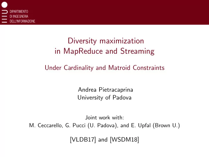 diversity maximization in mapreduce and streaming