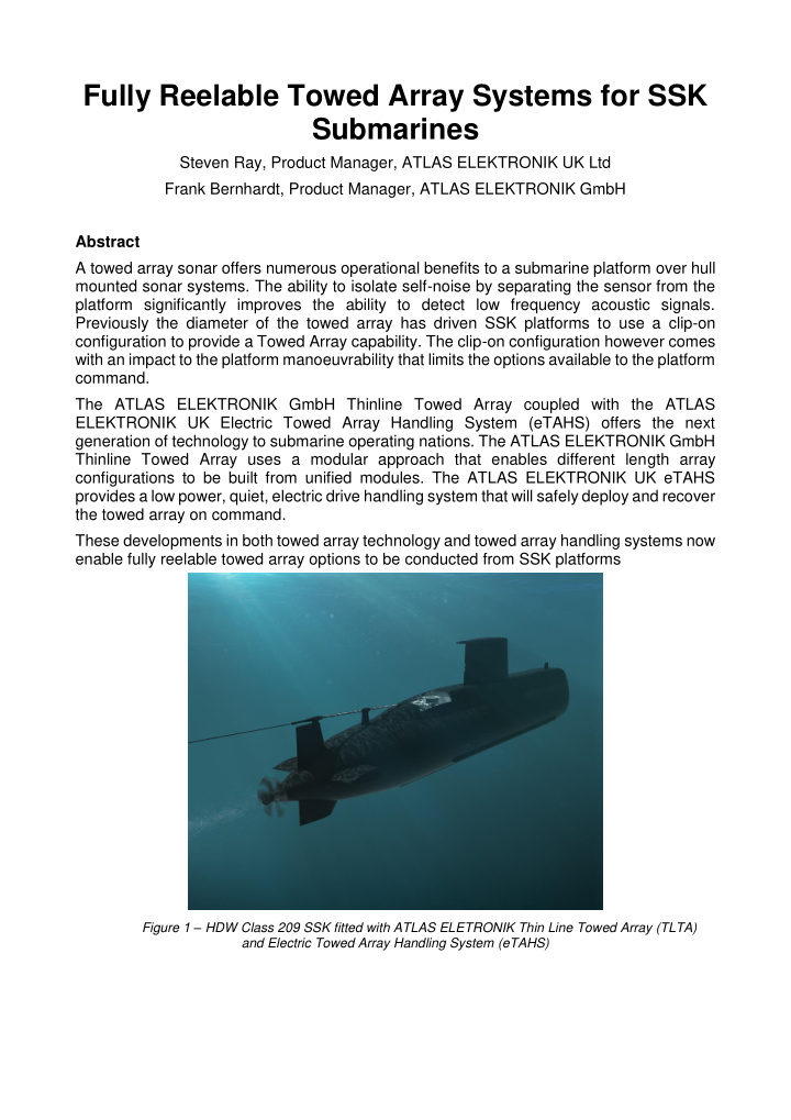 fully reelable towed array systems for ssk submarines
