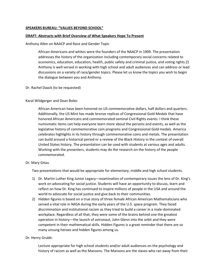 speakers bureau values beyond school draft abstracts with