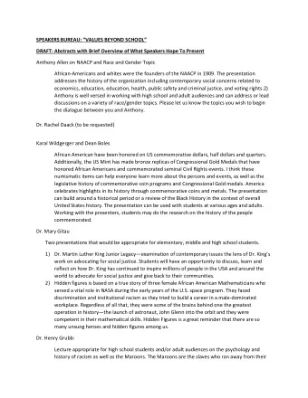 SPEAKERS BUREAU:  VALUES BEYOND SCHOOL  DRAFT: Abstracts with Brief Overview of What Speakers