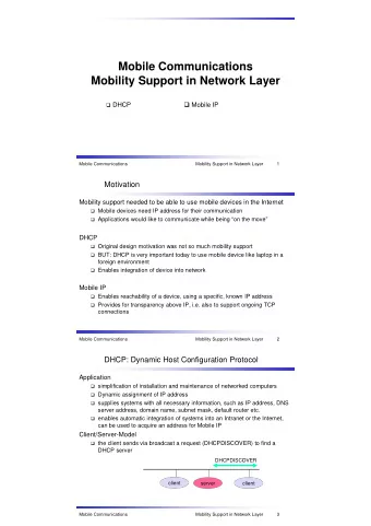 Mobile Communications  Mobility Support in Network Layer  Mobile IP  DHCP  Mobile