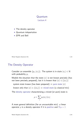 Quantum  Lecture 4  The density operator  Quantum teleportation  EPR and Bell  Mikael