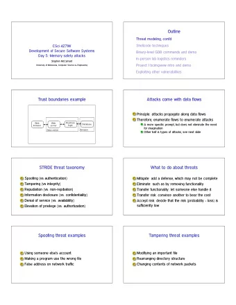 Outline  Threat modeling, contd  Shellcode techniques  CSci 4271W  Development of Secure