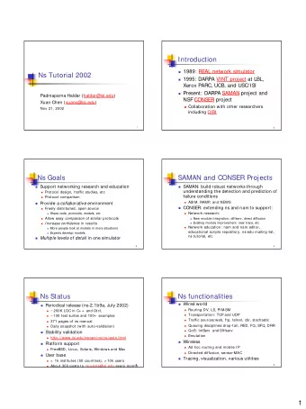 Introduction  1989: REAL network simulator  Ns Tutorial 2002  1995: DARPA VINT project at