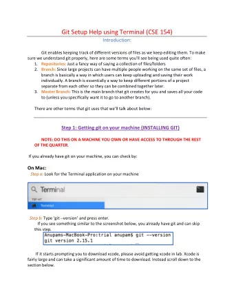 Git Setup Help using Terminal (CSE 154)  Introduction:  Git enables keeping track of different