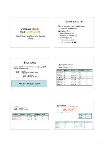 Summary so far   SQL is based on relational algebra.  Database Usage   Operations over