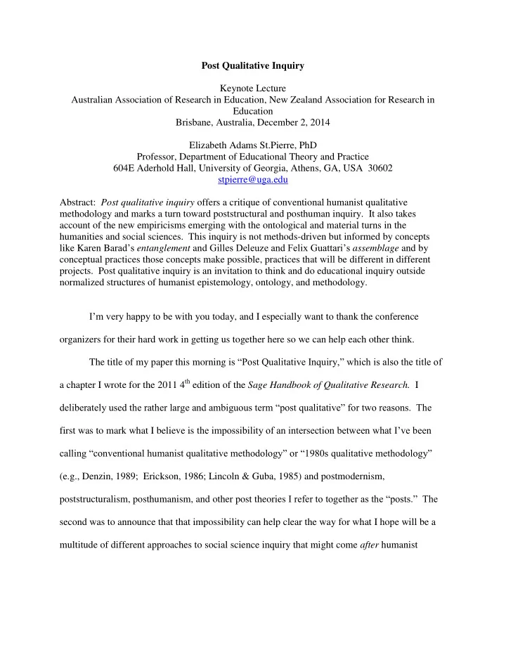 post qualitative inquiry keynote lecture australian