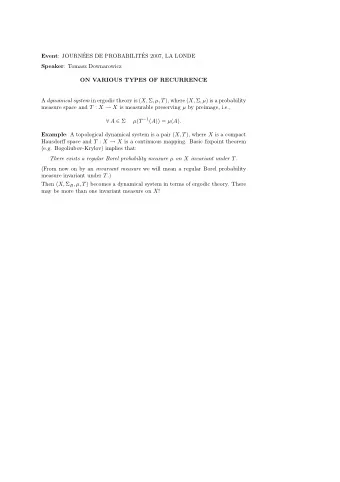 Event : JOURN  EES DE PROBABILIT  ES 2007, LA LONDE Speaker : Tomasz Downarowicz  ON VARIOUS