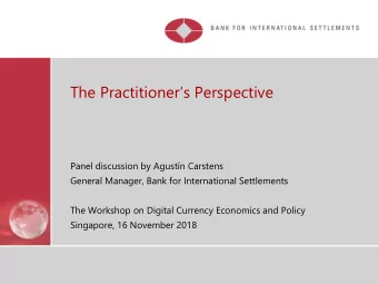 The Practitioners Perspective  Panel discussion by Agustn Carstens  General Manager, Bank for