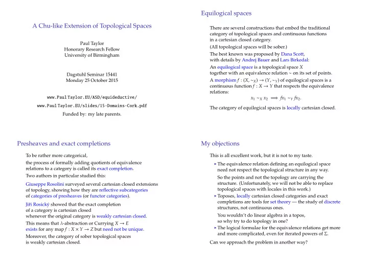 equilogical spaces a chu like extension of topological