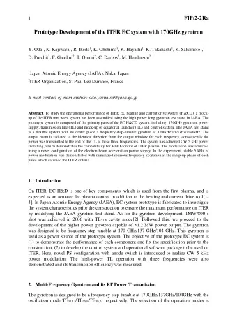1  FIP/2-2Ra  Prototype Development of the ITER EC system with 170GHz gyrotron Y. Oda 1 , K.