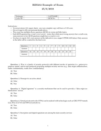 RES212 Example of Exam  25/6/2018  Firstname  LASTNAME  Cycle/ID  QCM No.  0  Instructions :