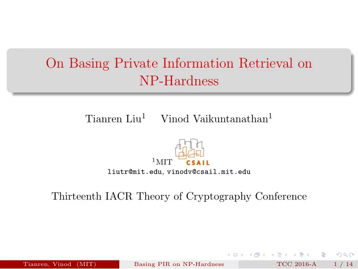 on basing private information retrieval on np hardness