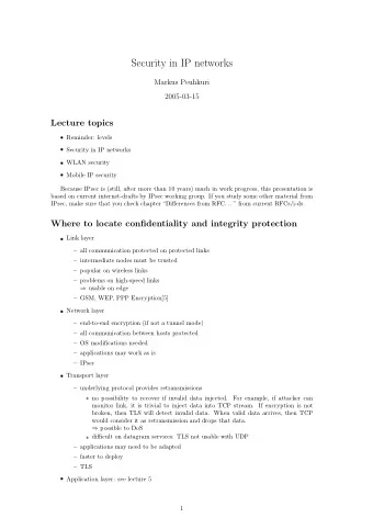 Security in IP networks  Markus Peuhkuri  2005-03-15  Lecture topics  Reminder: levels  Security in