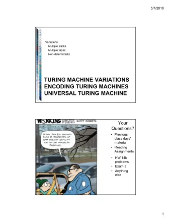 TURING MACHINE VARIATIONS  ENCODING TURING MACHINES  UNIVERSAL TURING MACHINE  Your  Questions?