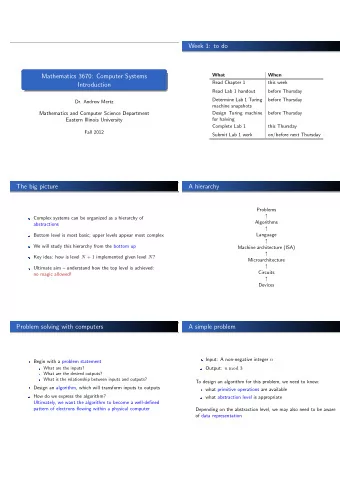 Week 1: to do  What  When  Mathematics 3670: Computer Systems  Read Chapter 1  this week