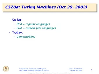 CS20a: Turing Machines (Oct 29, 2002)   So far:  DFA = regular languages  PDA =