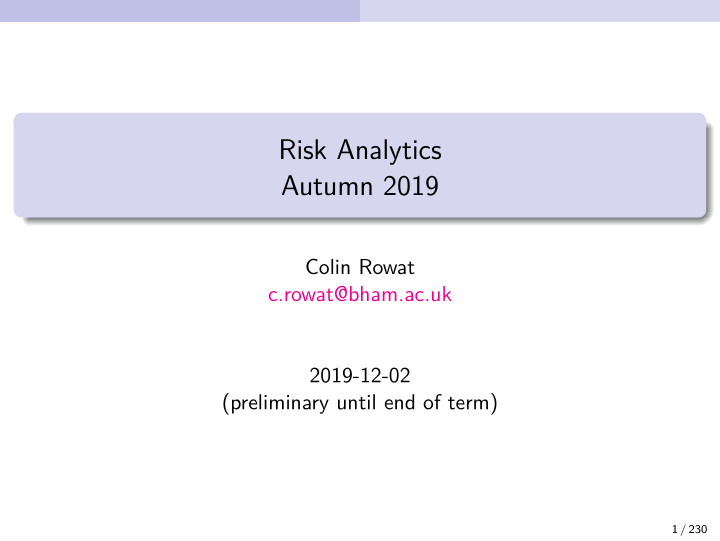 risk analytics autumn 2019
