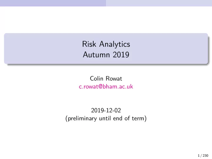 risk analytics autumn 2019