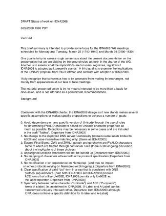 DRAFT Status of work on IDNA2008  3/22/2009 1500 PDT  Vint Cerf  This brief summary is intended to