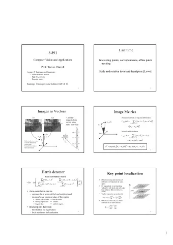 Last time  6.891  Computer Vision and Applications  Interesting points, correspondence, affine