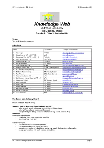 Outreach to Industry 4th Meeting, Trento Thursday 9 - Friday 10 September 2004 Venue: Trento ,