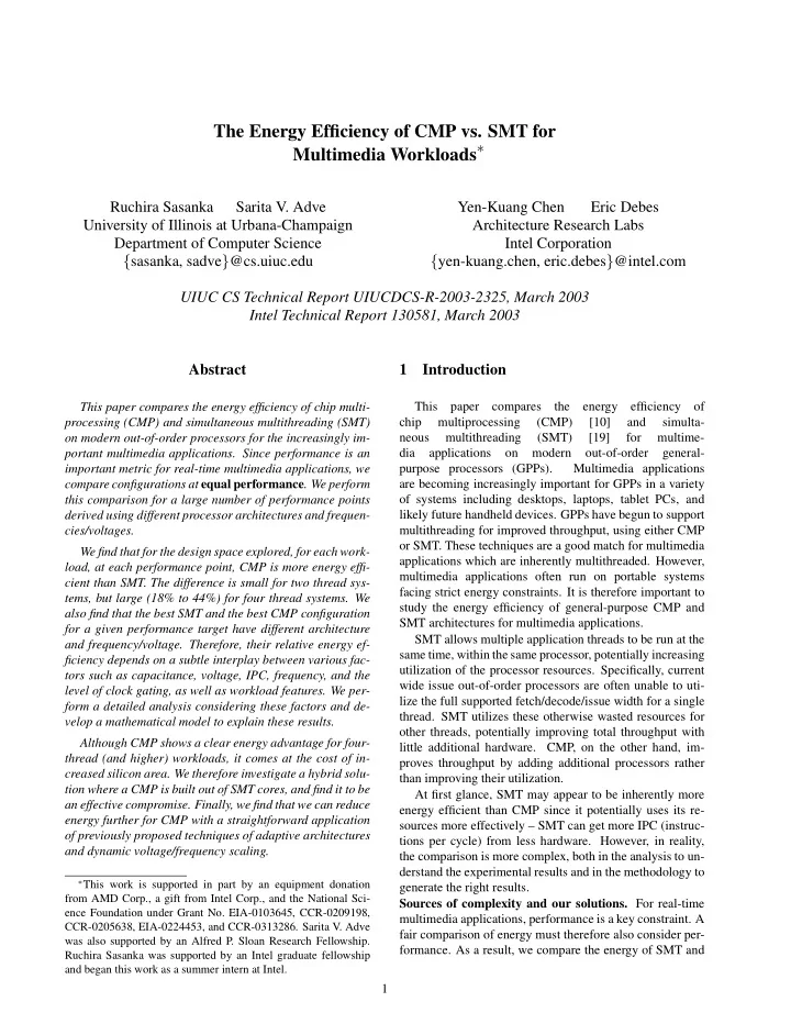 the energy efficiency of cmp vs smt for