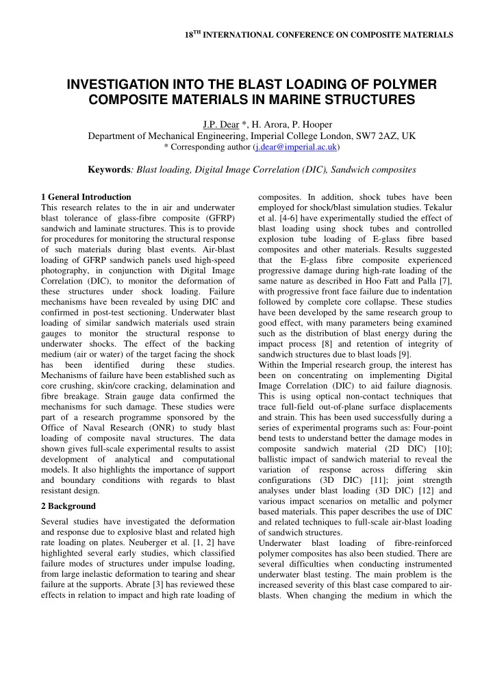 investigation into the blast loading of polymer composite