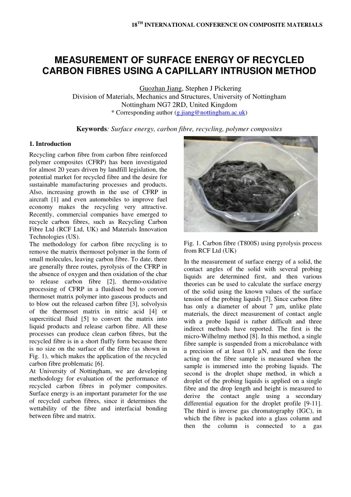measurement of surface energy of recycled carbon fibres