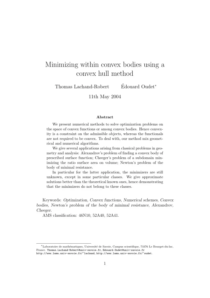 minimizing within convex bodies using a convex hull method