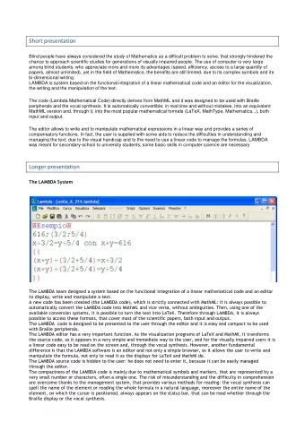 Short presentation  Blind people have always considered the study of Mathematics as a difficult