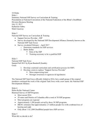 18 Slides Slide 1 Summary National SSP Survey on Curriculum &amp; Training  Presentation at