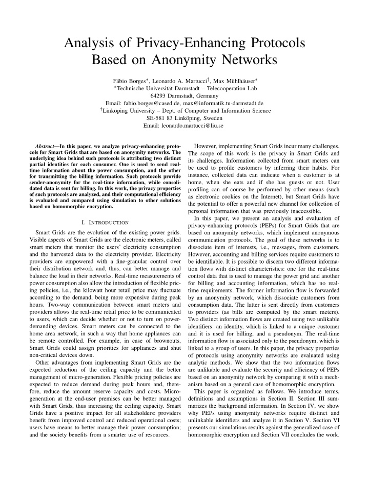 analysis of privacy enhancing protocols based on