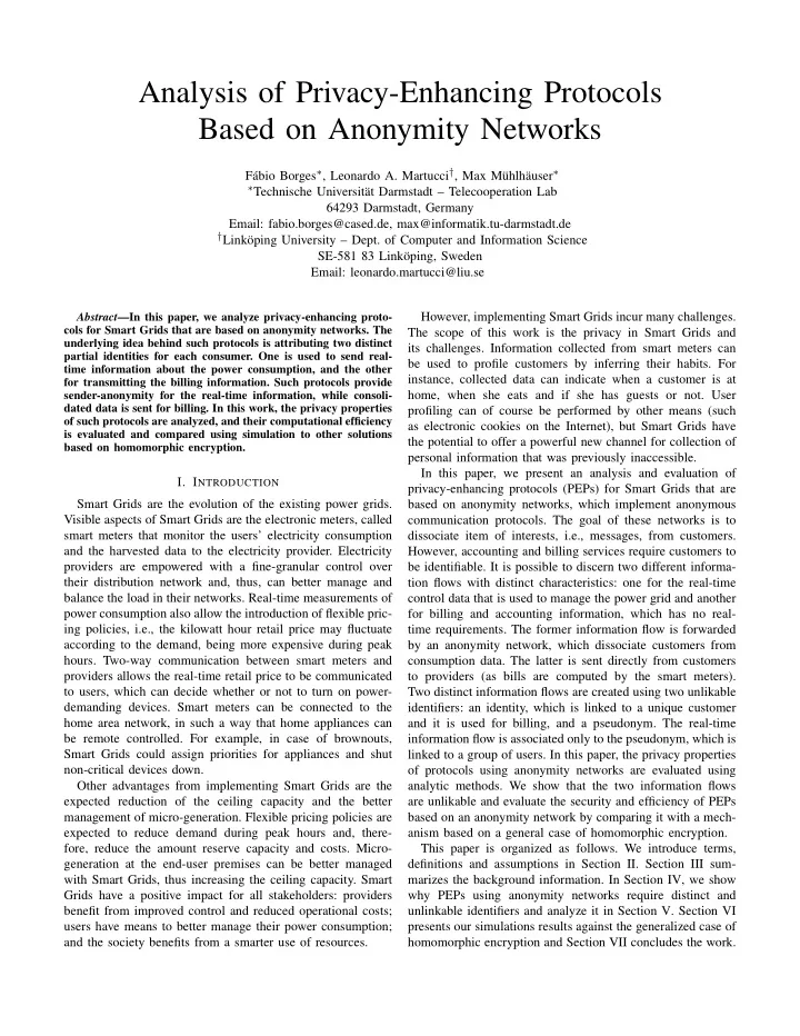 analysis of privacy enhancing protocols based on