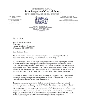 State Budget and Control Board  DIVISION OF INSURANCE AND GRANTS SERVICES  MARK SANFORD, CHAIRMAN