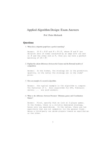 Applied Algorithm Design: Exam Answers  Prof. Pietro Michiardi  Questions  1. When does a bipartite