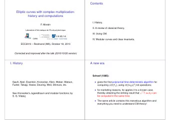 Contents  Elliptic curves with complex multiplication:  history and computations  I. History.  F  .