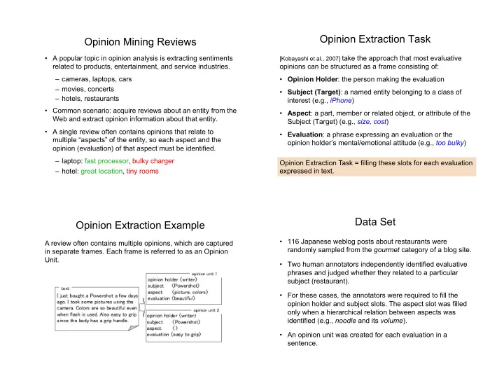 opinion extraction task opinion mining reviews