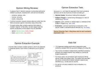 Opinion Extraction Task  Opinion Mining Reviews  A popular topic in opinion analysis is
