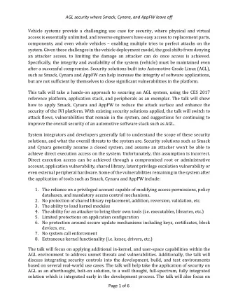 AGL security where Smack, Cynara, and AppFW leave off  Vehicle systems provide a challenging use