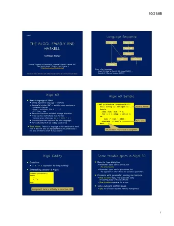 10/21/08 cs242  Lisp  Algol 60  Algol 68  Pascal  Kathleen Fisher  ML  Modula