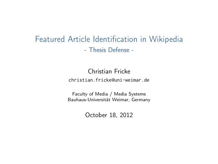 featured article identification in wikipedia