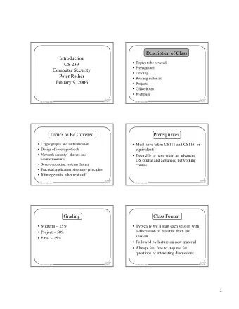 Description of Class  Introduction   Topics to be covered  CS 239   Prerequisites  Computer