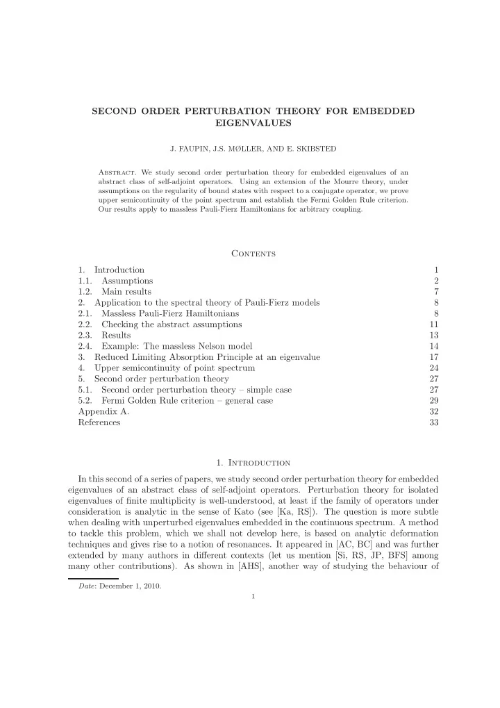 second order perturbation theory for embedded eigenvalues